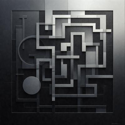 The primary subject of the image is a black and white geometric pattern. The setting is a black background, and the visual style is a combination of digital art and illustration. The dominant colors are black and white, creating a minimalist and modern atmosphere.